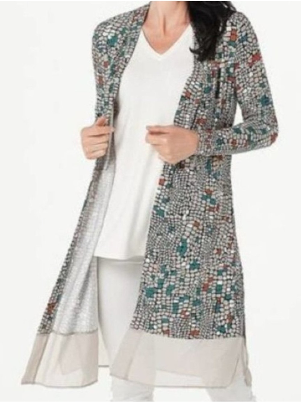LOGO By Lori Goldstein Women 3XP Leticia Mosaic Print Open Front Cardigan Duster